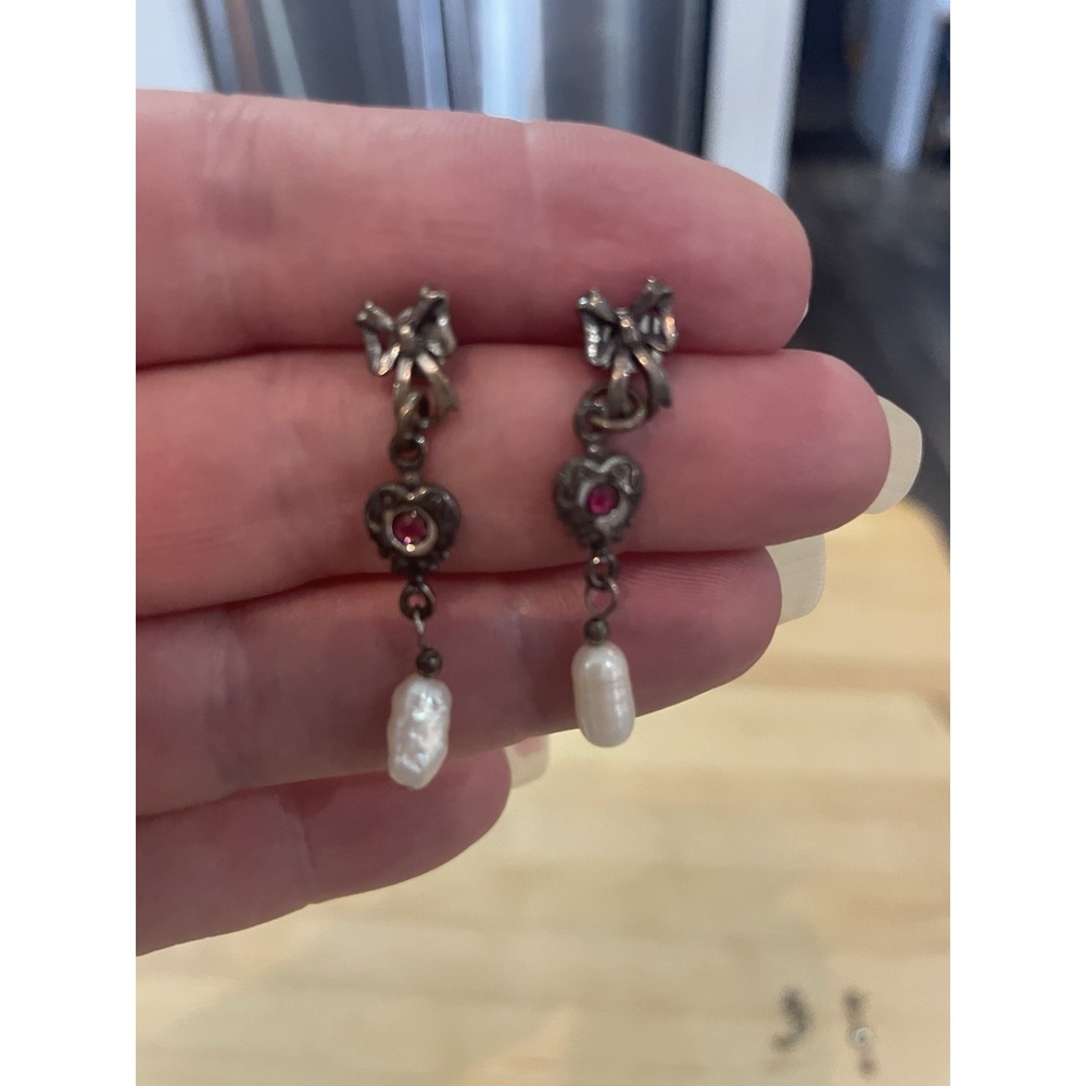 Vintage 1928 Company Gunmetal Dangle Stud Earrings Ruby Rhinestone Pearl Bottom